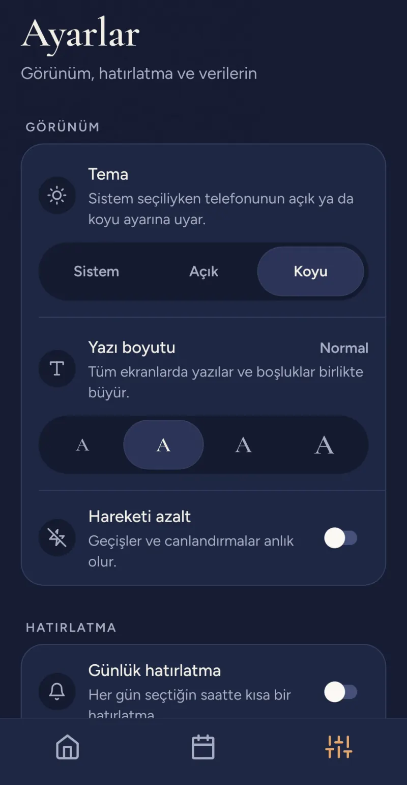 Aynı Ayarlar ekranı, koyu tema.